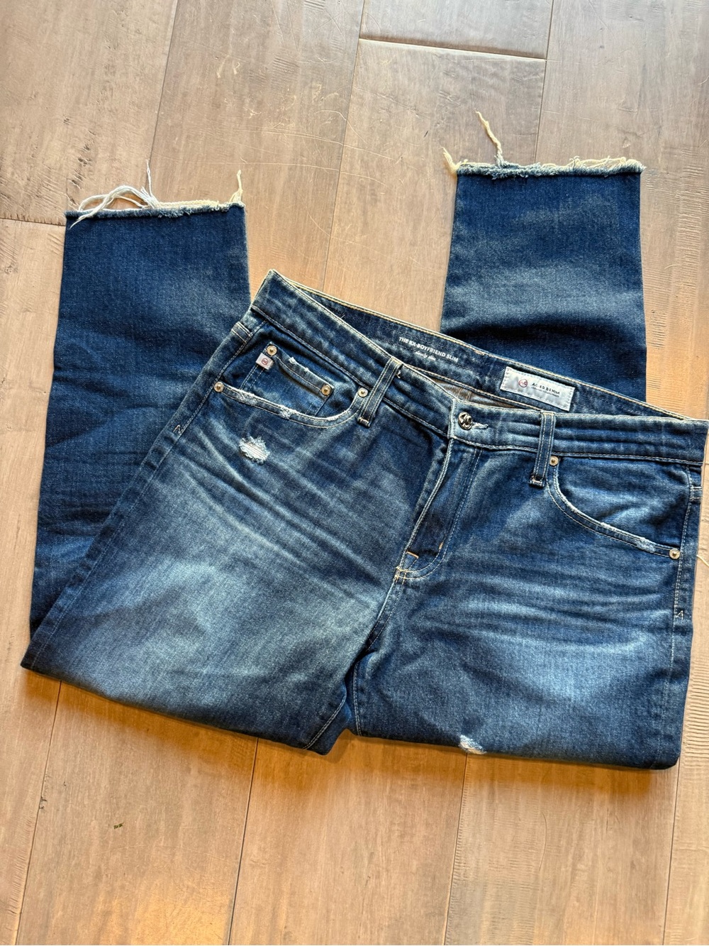 Ag Adriano Goldschmied Dark Blue Cropped Straight Jeans with Raw Hem (147)